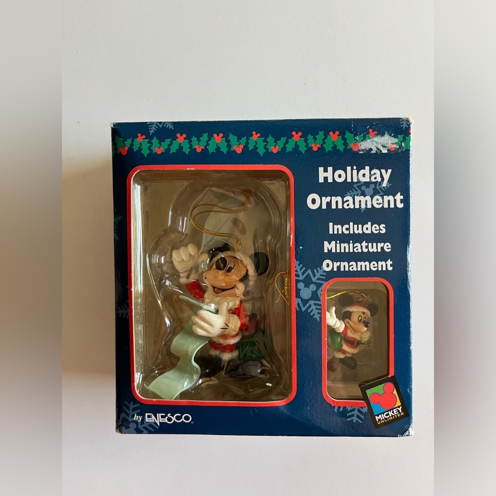 Vintage Mickey Mouse holiday ornament by Enesco w/ miniature ornament Santa